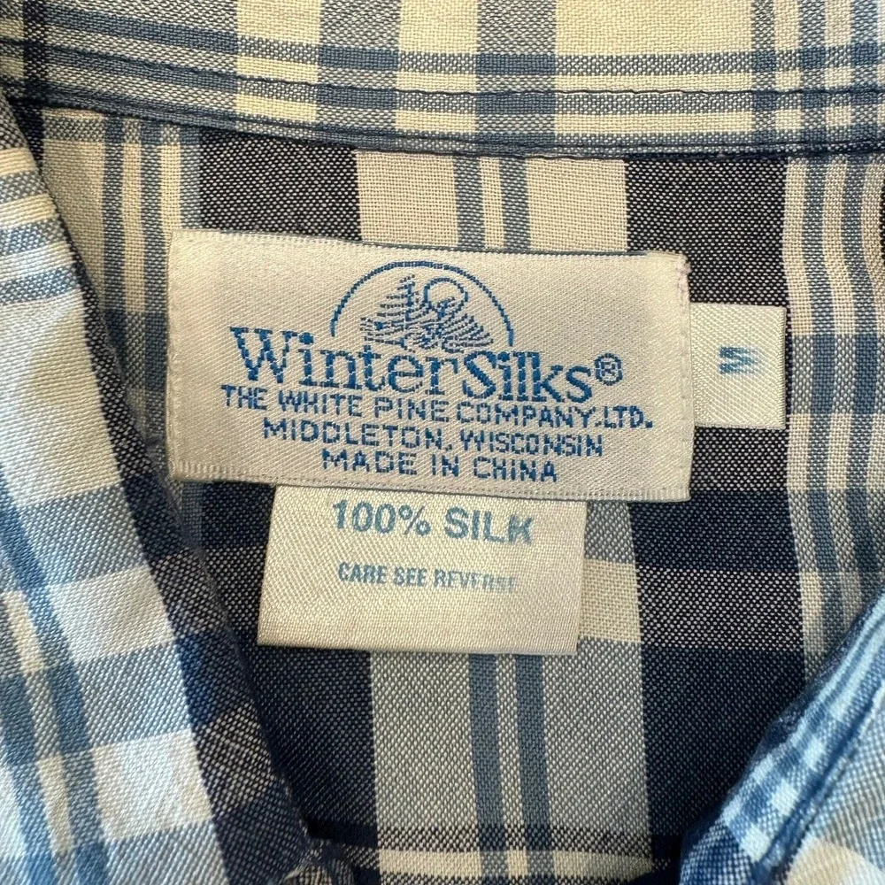 WinterSilks Mens Blue White Plaid 100% Silk Long Sleeve Button Down Shirt Size M